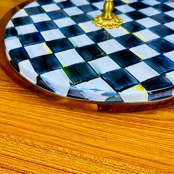 MacKenzie-Childs Cheese Platter Brass & Glass Finial Whimsical Checked Luxury - Picture 6 of 12